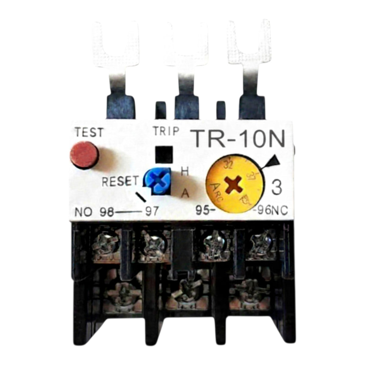 A TR-10N thermal overload relay with a white faceplate, black plastic housing, a red test button, a blue reset button, and a yellow current dial, shown on a white background.