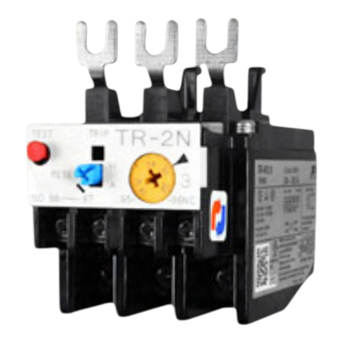 A black and white thermal overload relay component with four silver metal terminal clips on top, a red button, a blue switch, and a yellow circular dial, shown on a plain white background.
