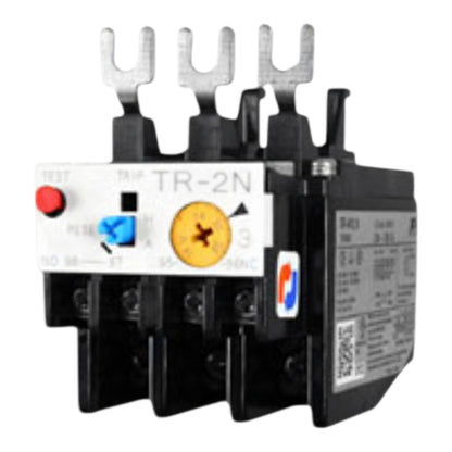 A black and white thermal overload relay component with four silver metal terminal clips on top, a red button, a blue switch, and a yellow circular dial, shown on a plain white background.