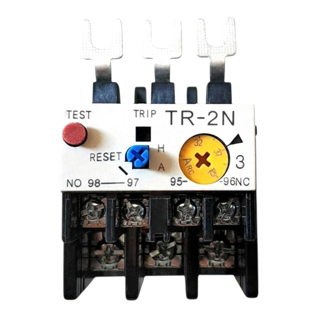 A TR-2N thermal overload relay electrical component with a white faceplate, black terminal housing, a red test button, a blue reset button, and a yellow adjustment dial.