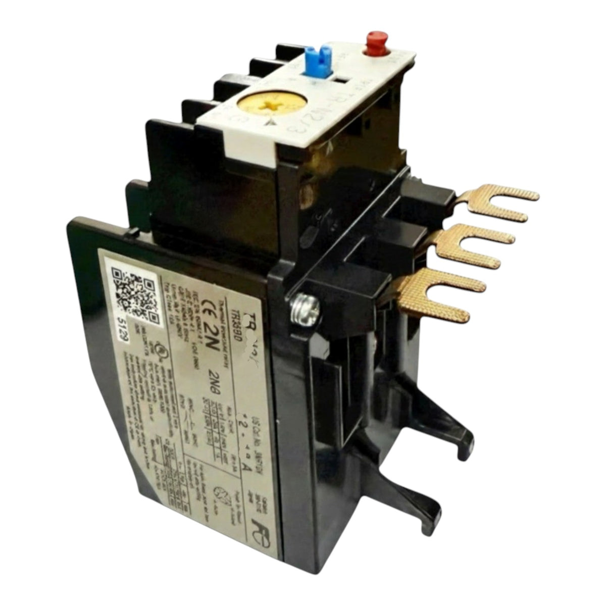 A black electrical contactor or relay component with a white terminal cover, blue and red top buttons, gold-colored metal contact tips, and a large printed specification label on the side, shown on a plain white background.