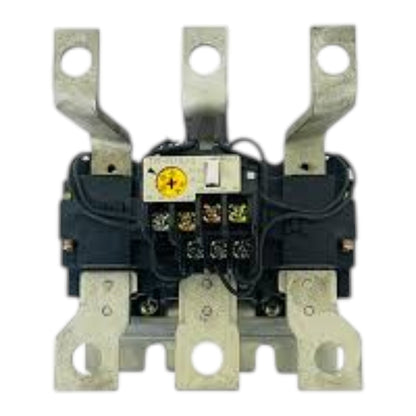 A three-phase industrial contactor relay with a black plastic housing, silver metal terminal bars, and a small yellow circular label, shown on a plain white background.