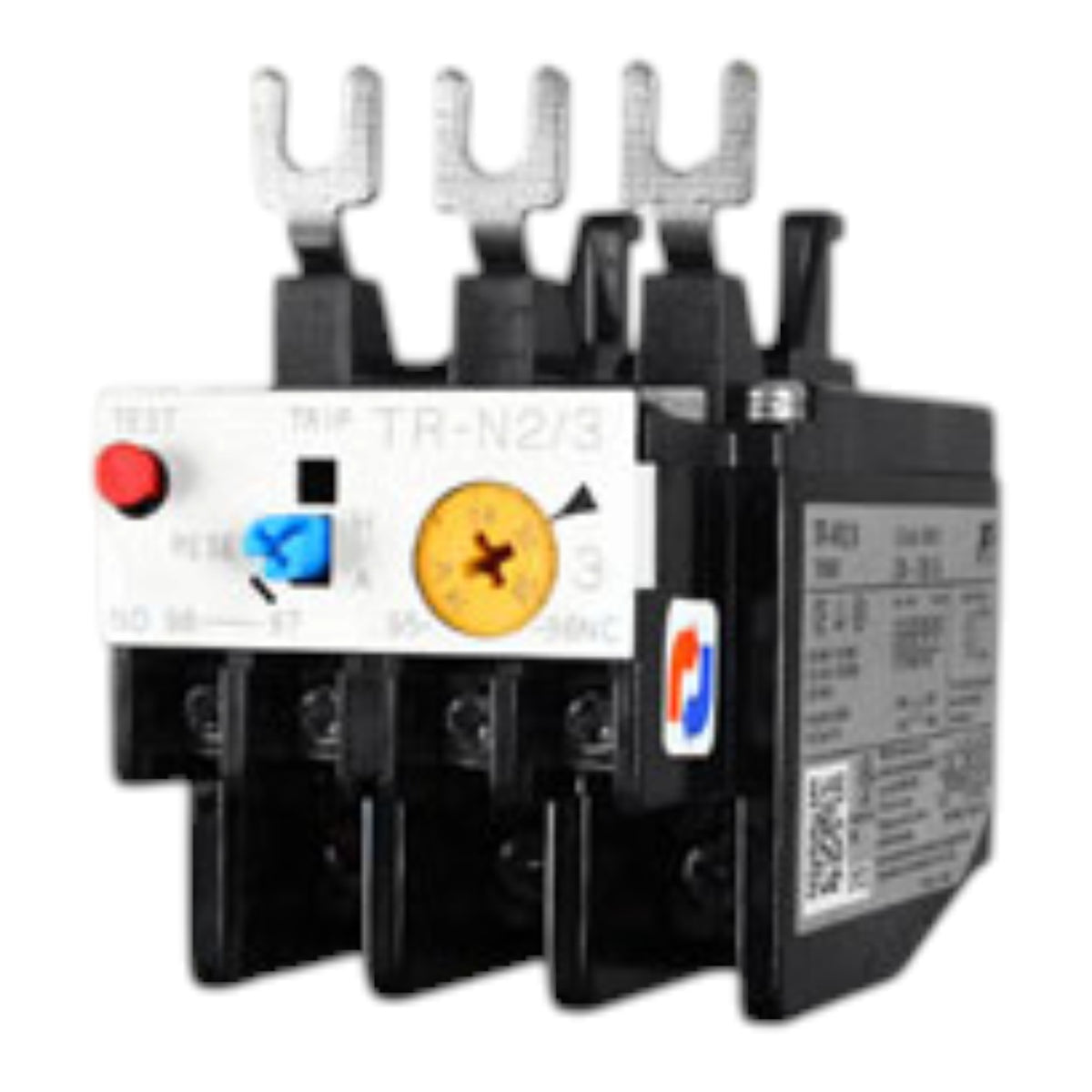 A black and silver thermal overload relay with three silver fuses on top, a red reset button, a blue adjustment knob, and a yellow dial, shown on a white background.