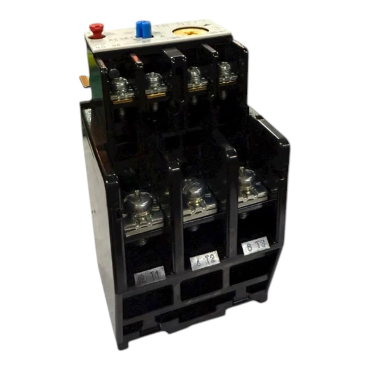 A black electrical contactor or relay component with multiple terminal connections, a white top plate, and small colored buttons or knobs, shown on a plain white background.