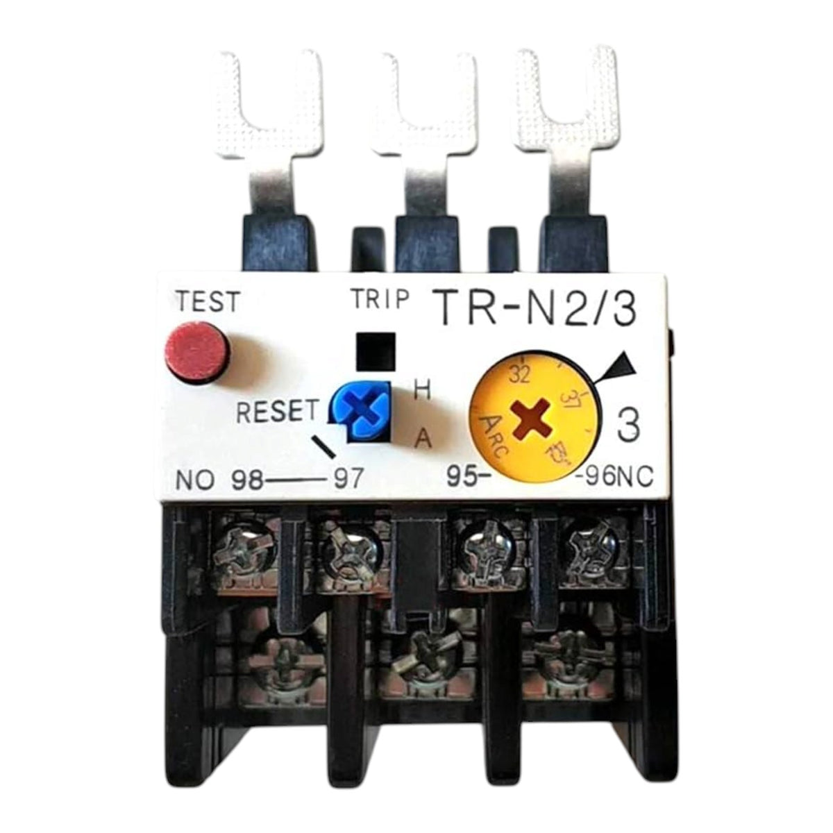 A three-phase thermal overload relay, model TR-N2/3, featuring a white front label with black text, a red test button, a blue reset button, and a yellow current dial, mounted on a black plastic base with three metal terminal clips on top.