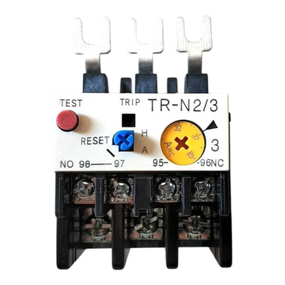A three-phase thermal overload relay, model TR-N2/3, featuring a white front label with black text, a red test button, a blue reset button, and a yellow current dial, mounted on a black plastic base with three metal terminal clips on top.
