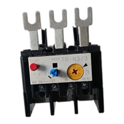 A black thermal overload relay with three silver metal terminal posts on top, a white control label, a red test button, a blue reset button, and a yellow adjustment knob, shown on a plain white background.