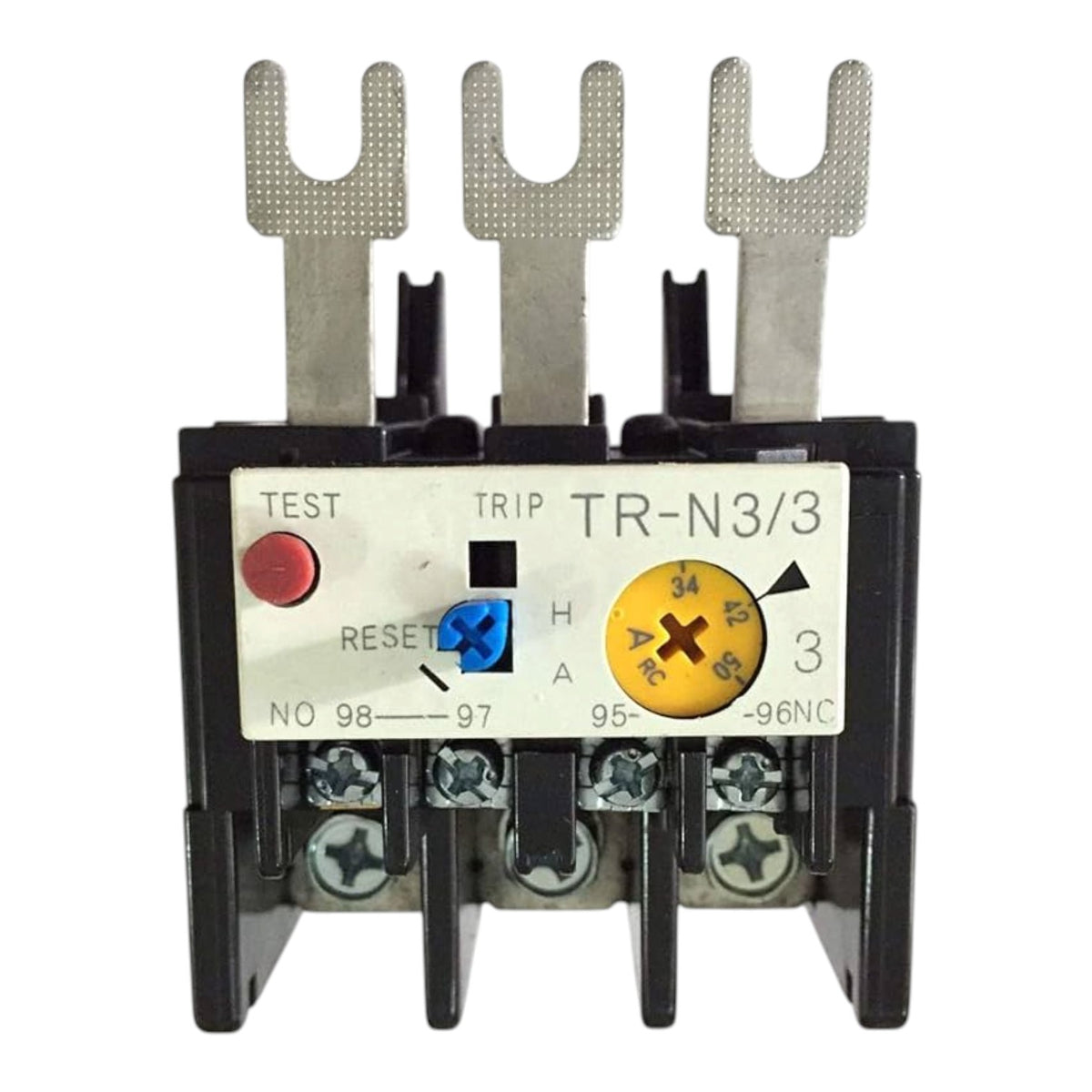 A thermal overload relay, model TR-N3/3, featuring a black plastic body, silver metal terminal bars, a white front label with red, blue, and yellow markings, and three black terminal posts on top.