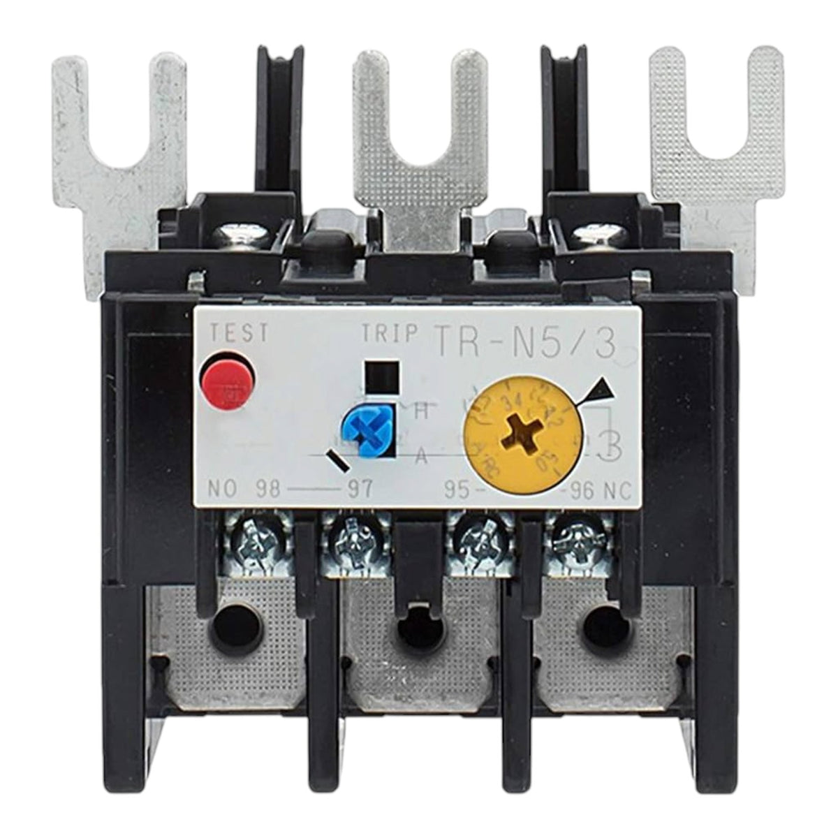 A black and silver thermal overload relay with a white control panel, featuring a red test button, blue adjustment terminal, and yellow overload indicator.