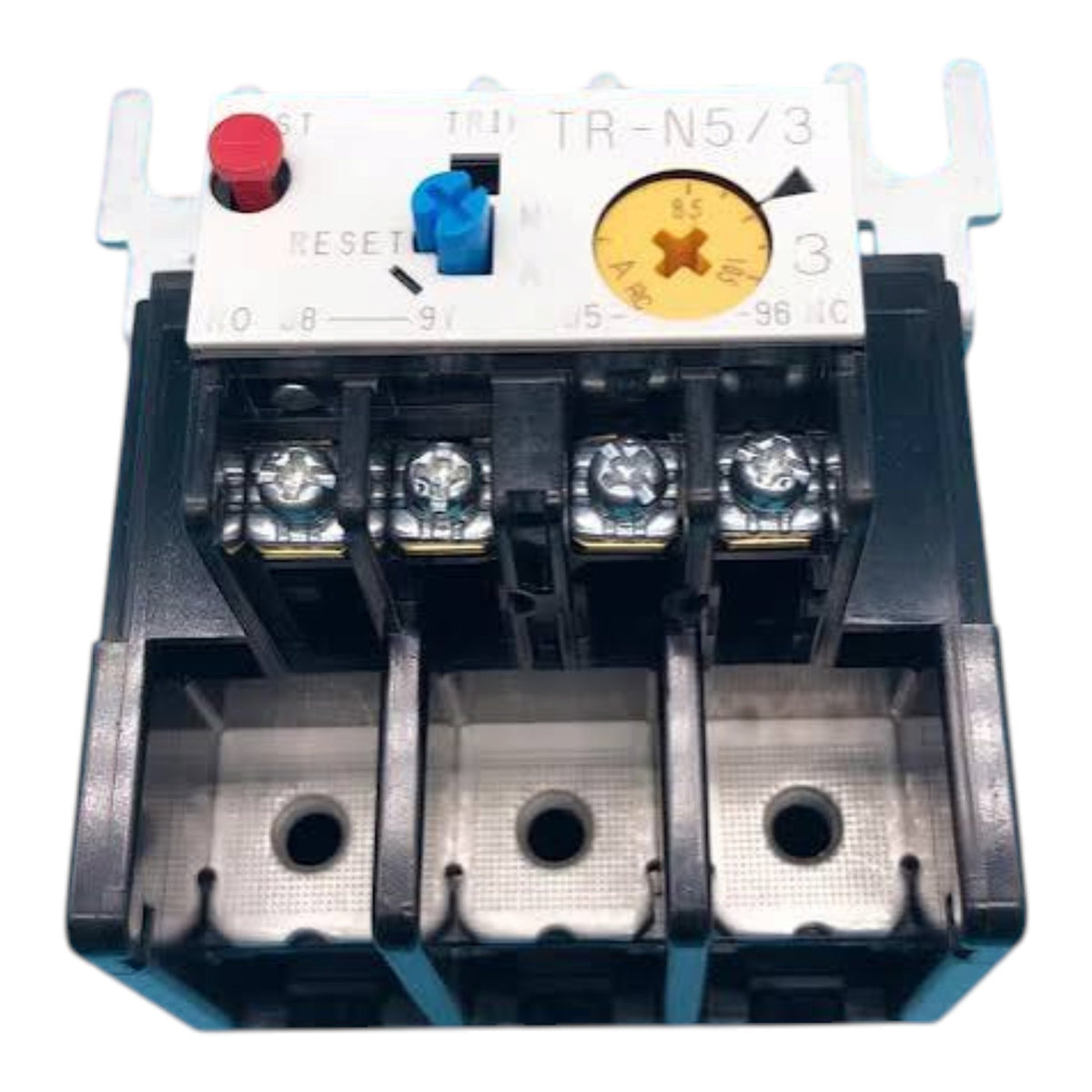A three-phase thermal overload relay, model TR-N5/3, featuring a white top carrier plate with a red reset button, blue trip switch, and yellow dial, mounted on a black plastic base.