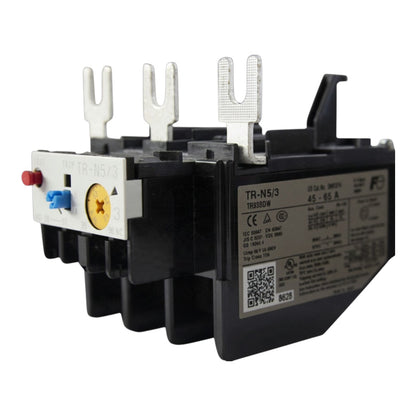 A black thermal overload relay electrical component with silver metal terminal posts, a white thermal link cover with red and blue buttons, and a printed specification label on the side, shown on a white background.