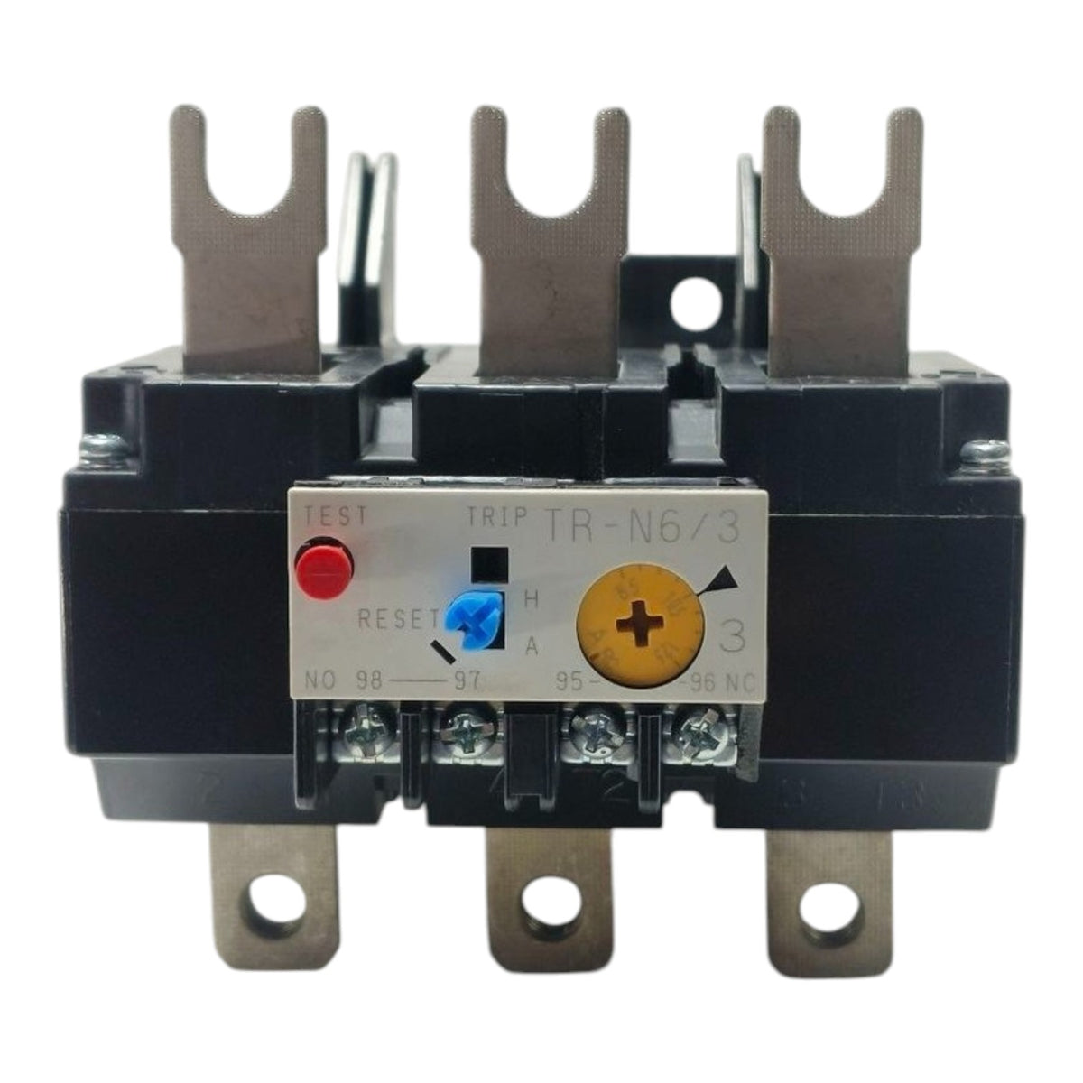A black and silver thermal overload relay with metal terminal posts, featuring a front label with red, blue, and yellow details.