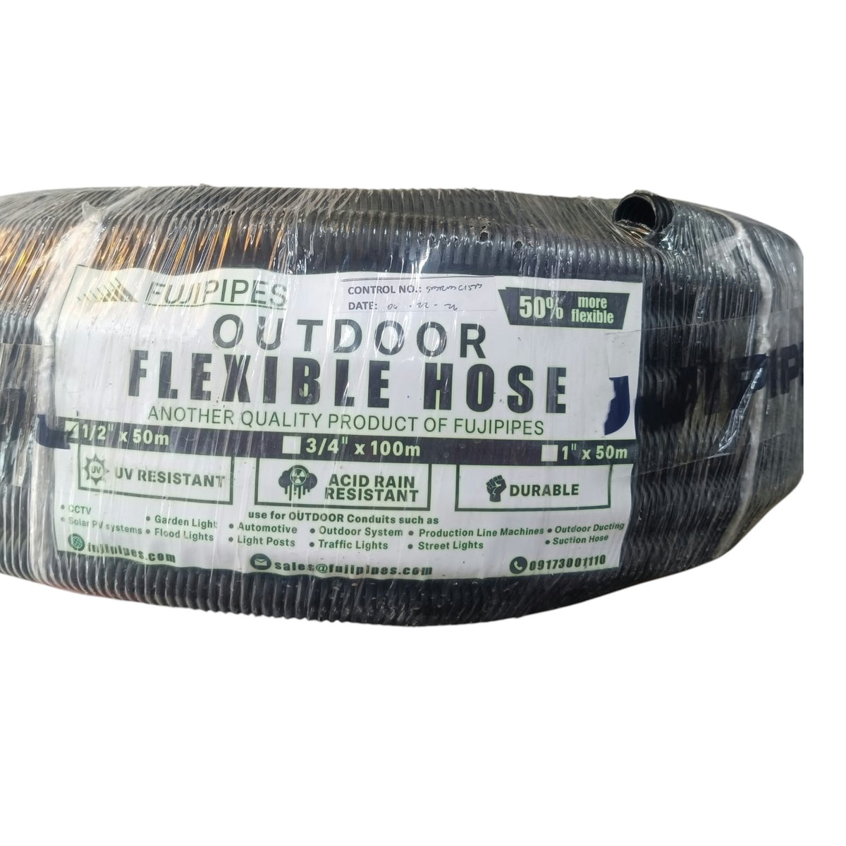 A coiled black outdoor flexible hose wrapped in clear protective plastic with a large white product label. The label reads 'FUJIPIPES OUTDOOR FLEXIBLE HOSE' and shows specifications including 3/4 x 100m.