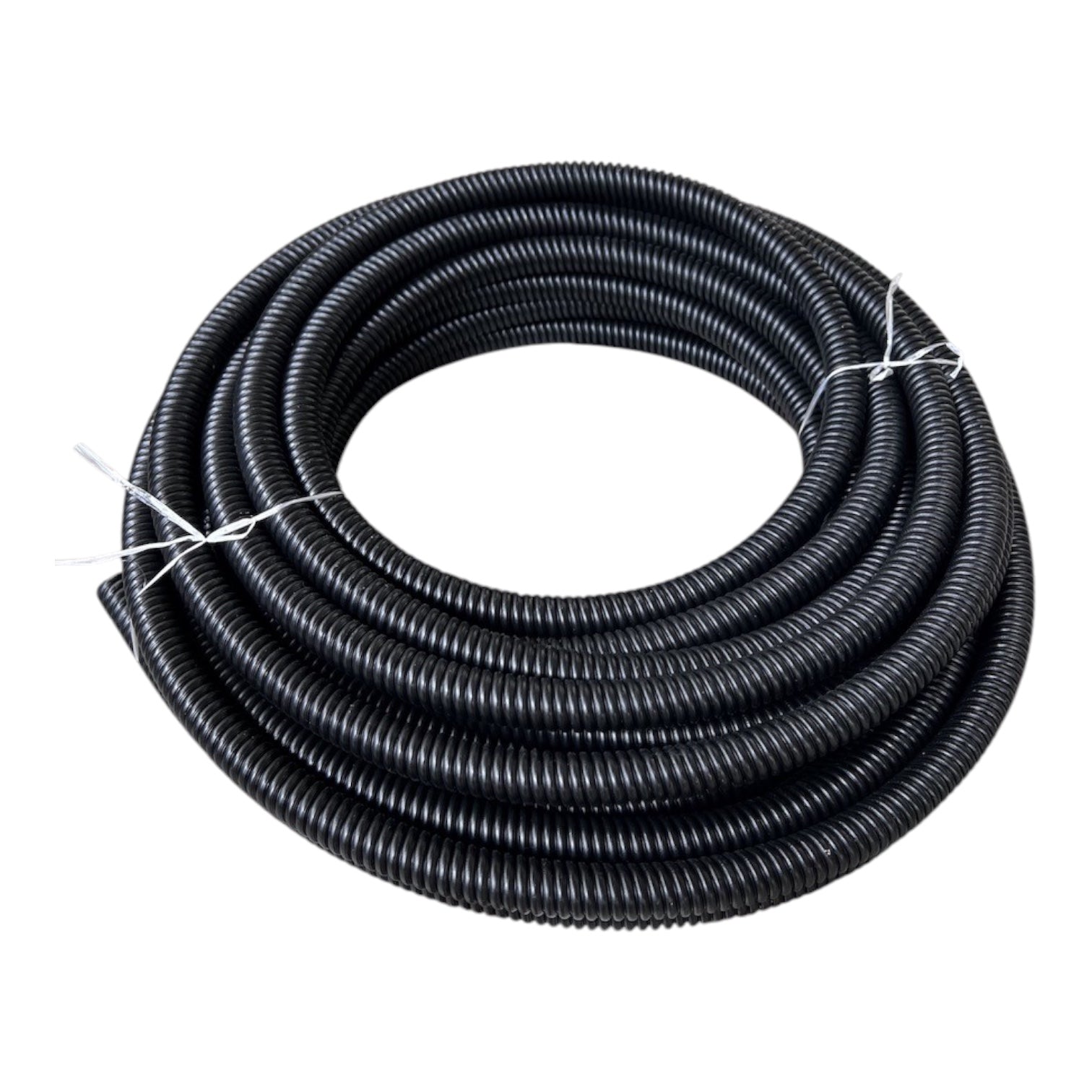 A coiled black corrugated plastic conduit or cable protective tube, secured with white ties, shown on a plain white background.