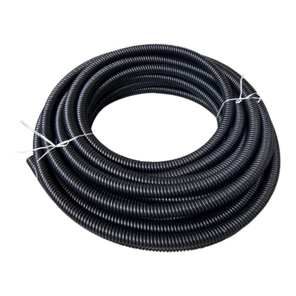 A coiled black corrugated plastic conduit or cable protective tube, secured with white ties, shown on a plain white background.