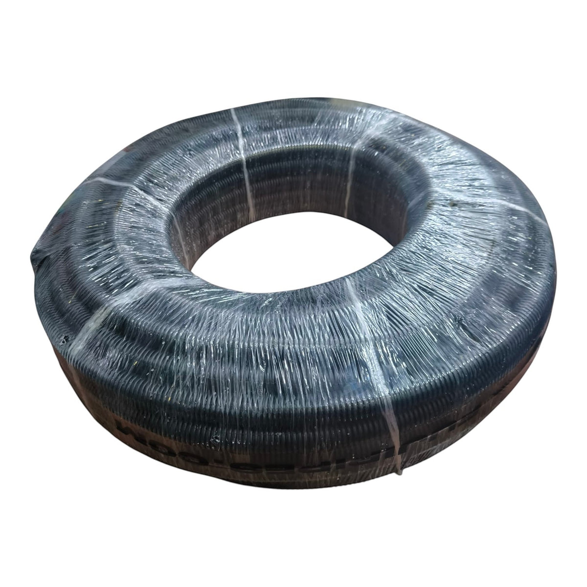 A large coil of black cable or wire wrapped in clear plastic, isolated on a white background.