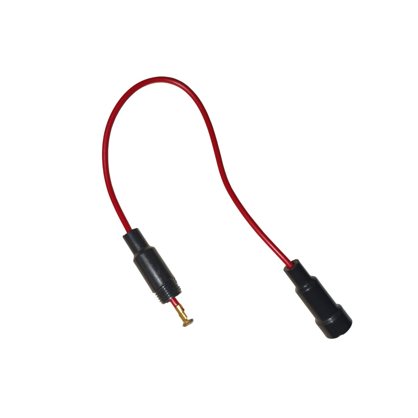 A red wire connector cable with black plastic plugs, one of which has a small gold metal tip exposed, shown on a plain white background.