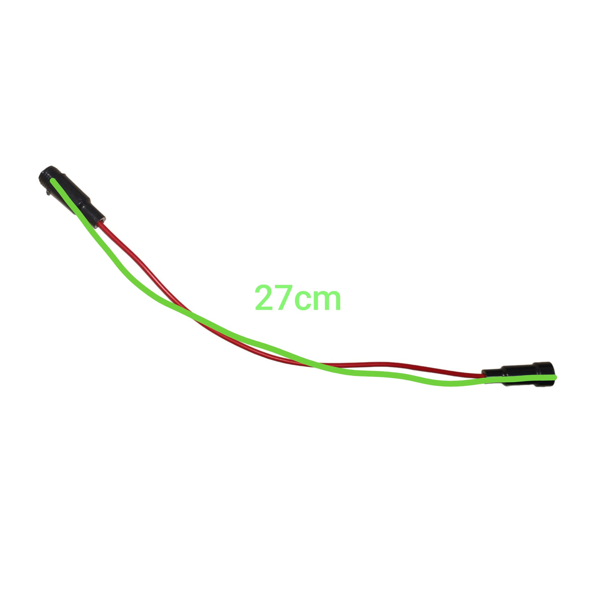 A 27cm electrical wire connector cable with red and green wires and black plastic plugs, shown on a plain white background with a green '27cm' text overlay.