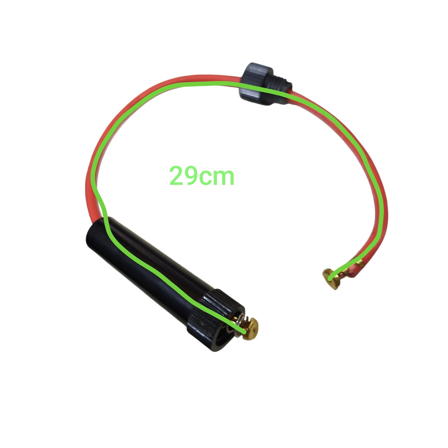 A replacement cylindrical component with attached red and green wires and small black connector pieces, shown on a plain white background with a green '29cm' text overlay.