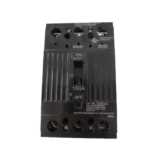 GE 150A 3 Phase 3 Pole Circuit Breaker 220V with black casing and ON OFF switch