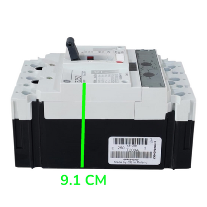 A black and white electrical contactor or relay component on a plain white background, with a bright green vertical measurement line and the text '9.1 CM' indicating its height.