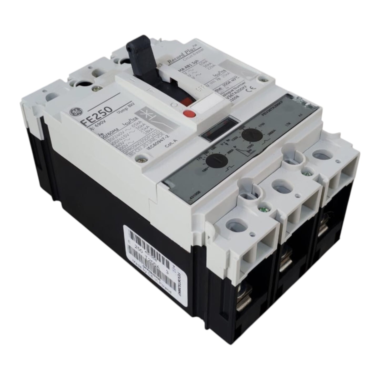 A GE electrical circuit breaker, model F250, with a white and black plastic housing, featuring a top-mounted switch and terminal connections on the front right side, shown on a plain white background.