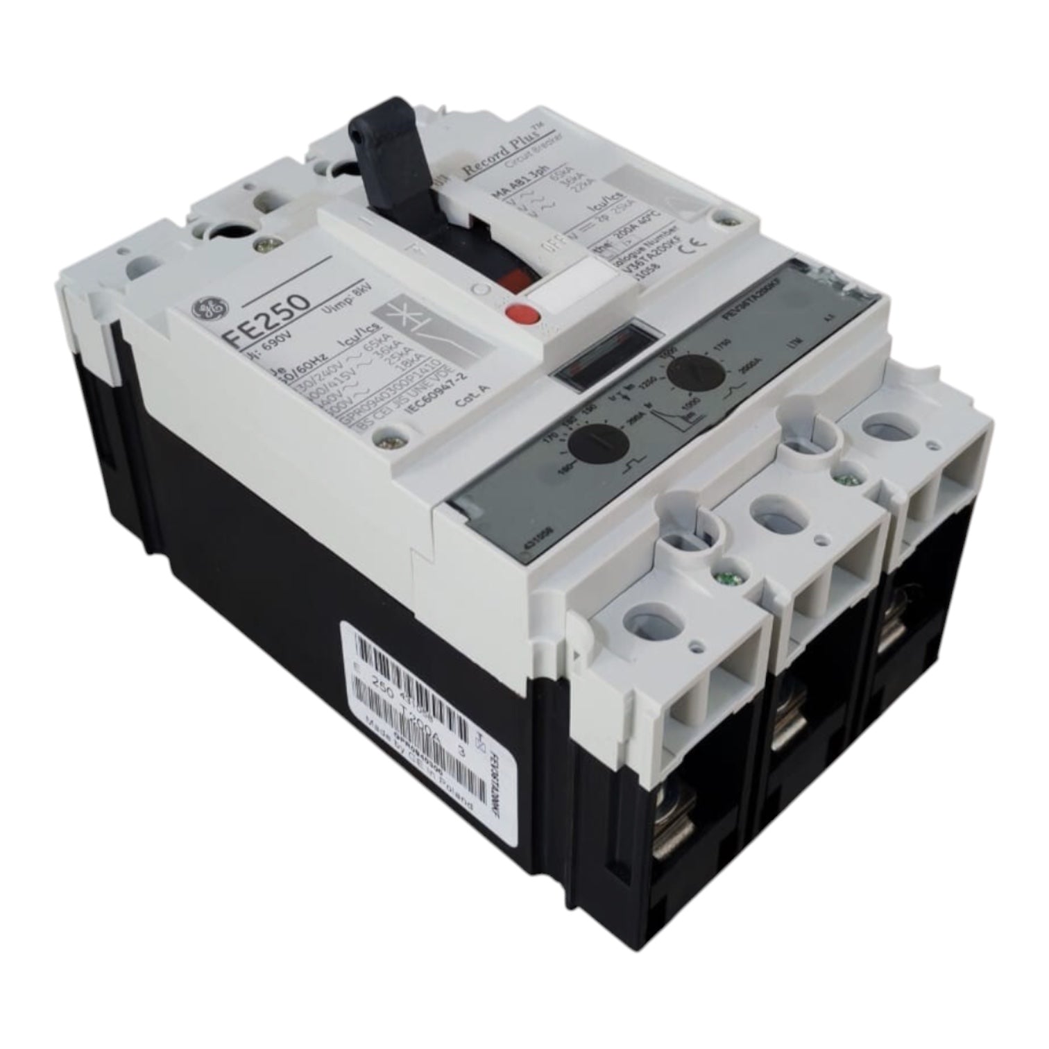 A GE electrical circuit breaker, model F250, with a white and black plastic housing, featuring a top-mounted switch and terminal connections on the front right side, shown on a plain white background.
