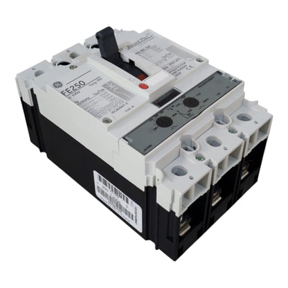 A GE electrical circuit breaker, model F250, with a white and black plastic housing, featuring a top-mounted switch and terminal connections on the front right side, shown on a plain white background.
