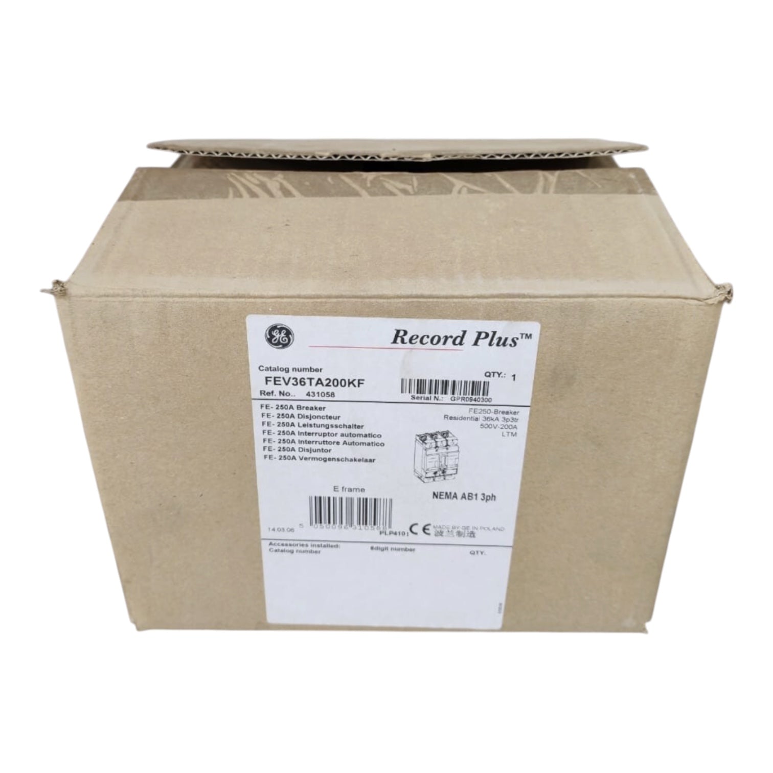 A brown cardboard box with a white label reading 'Record Plus' and product details, photographed on a plain white background.