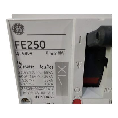 A GE FE250 circuit breaker shown in a close-up product shot. The white plastic front panel features black printed specifications and the GE logo, with a black handle visible on the right side.