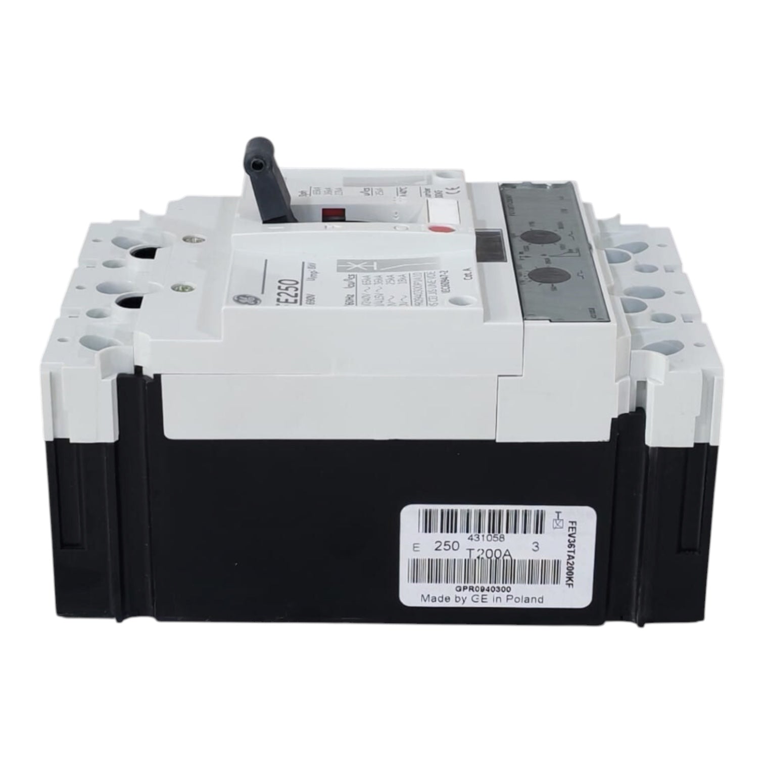 A black and white electrical circuit breaker with a black handle, photographed on a solid white background.