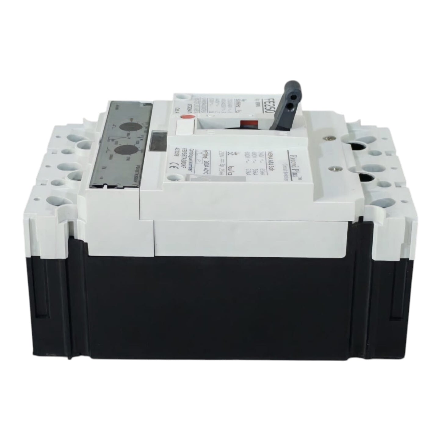 A large electrical circuit breaker or fuse holder with a black front body, white top housing, and a black lever handle, photographed on a plain white background.