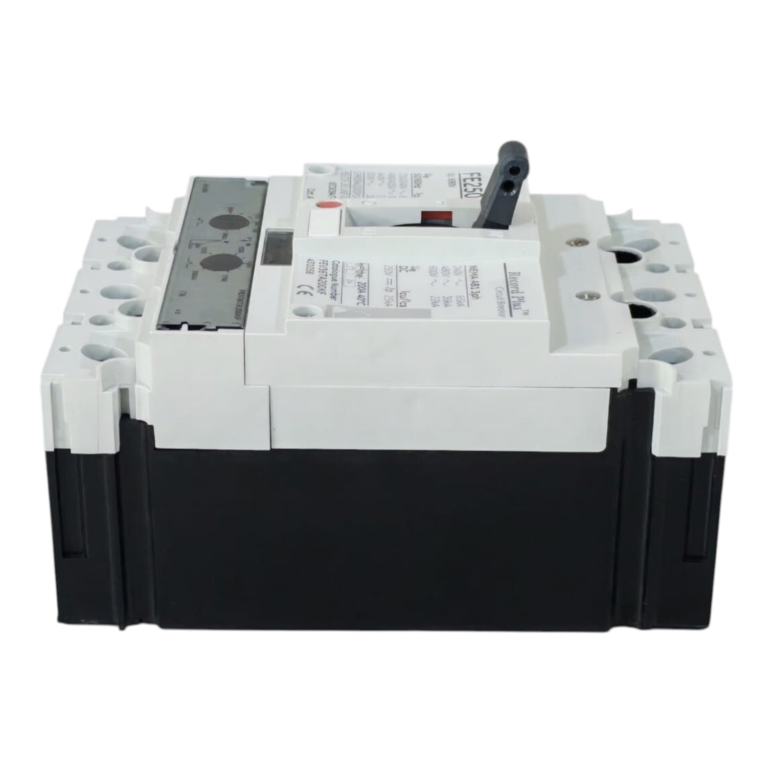A large electrical circuit breaker or fuse holder with a black front body, white top housing, and a black lever handle, photographed on a plain white background.
