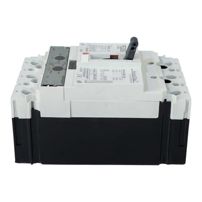 A large electrical circuit breaker or fuse holder with a black front body, white top housing, and a black lever handle, photographed on a plain white background.
