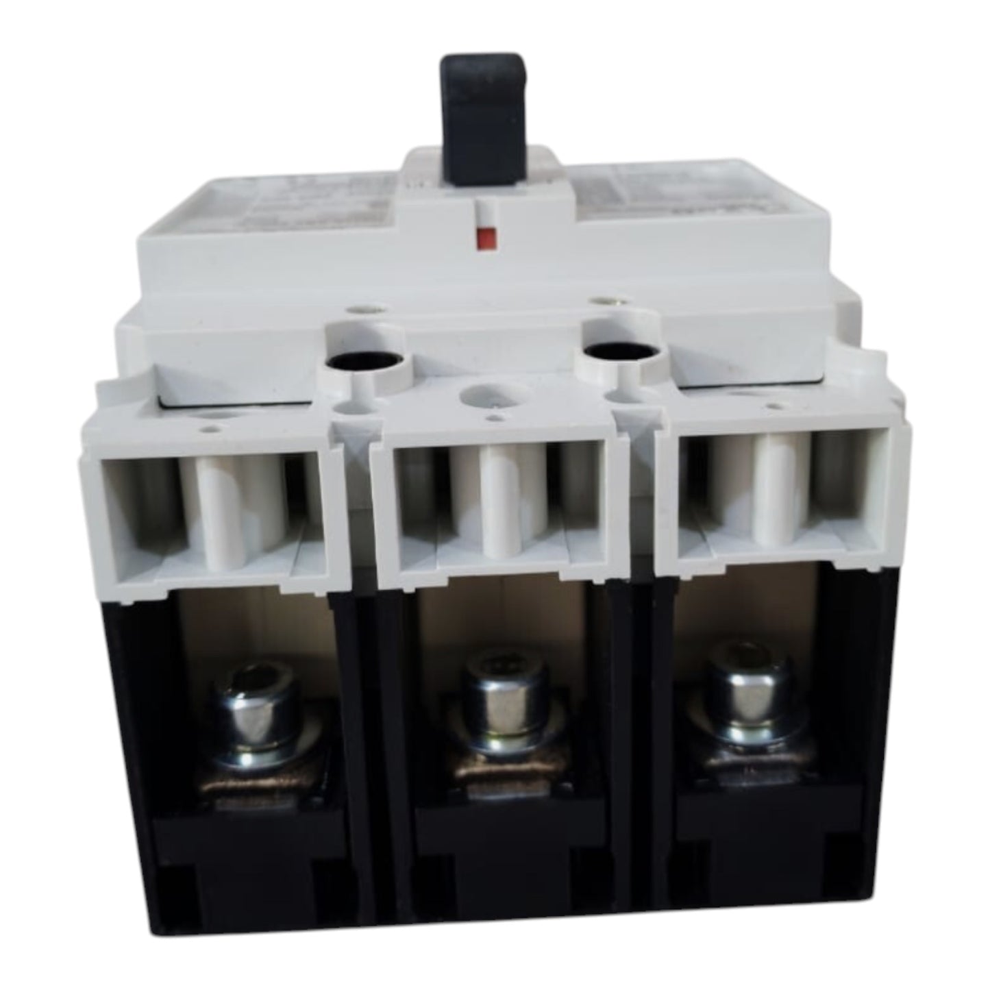 A three-pole electrical contactor or relay with a white upper housing and a black lower housing, featuring three terminal blocks and a black top handle, shown on a plain white background.