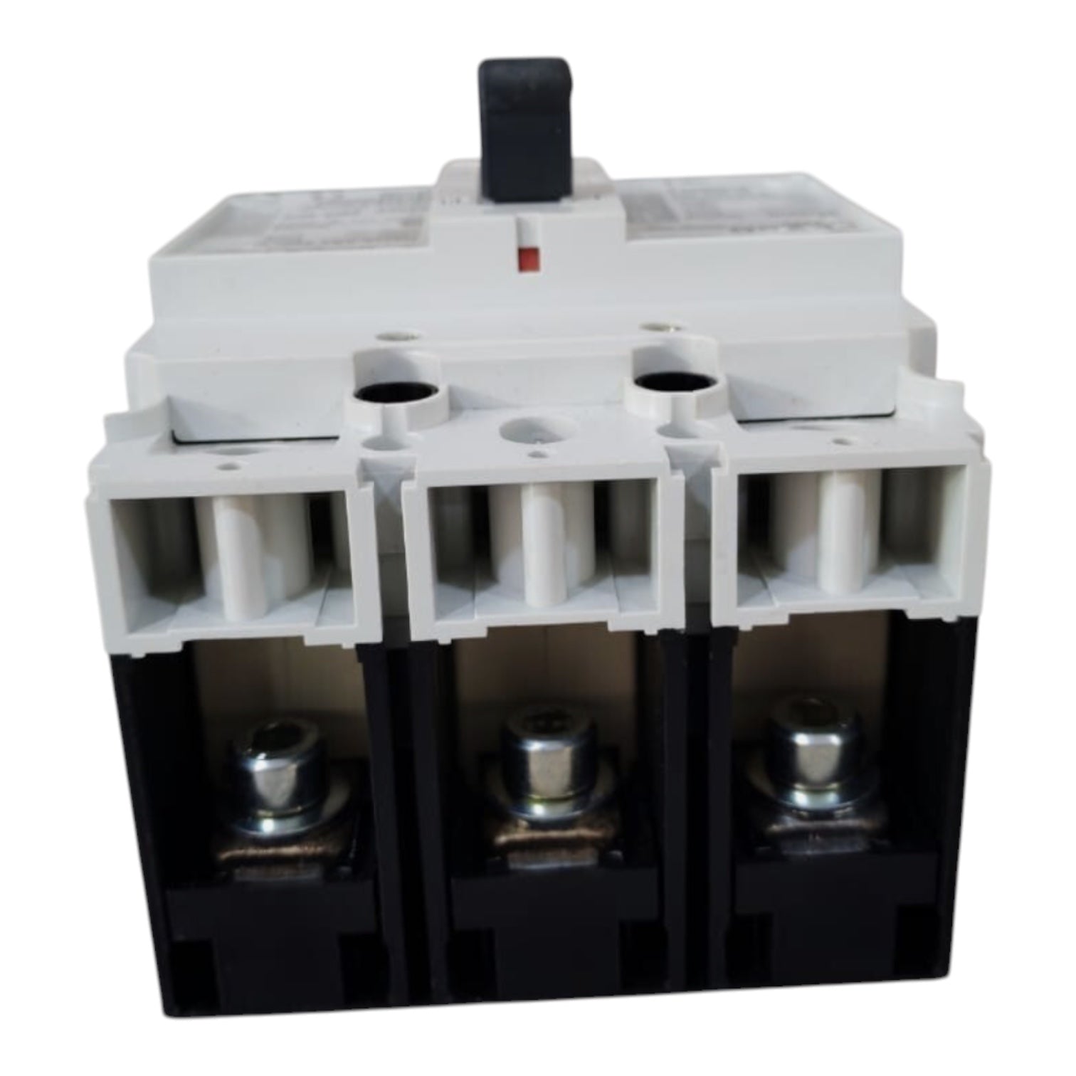 A three-pole electrical contactor or relay with a white upper housing and a black lower housing, featuring three terminal blocks and a black top handle, shown on a plain white background.