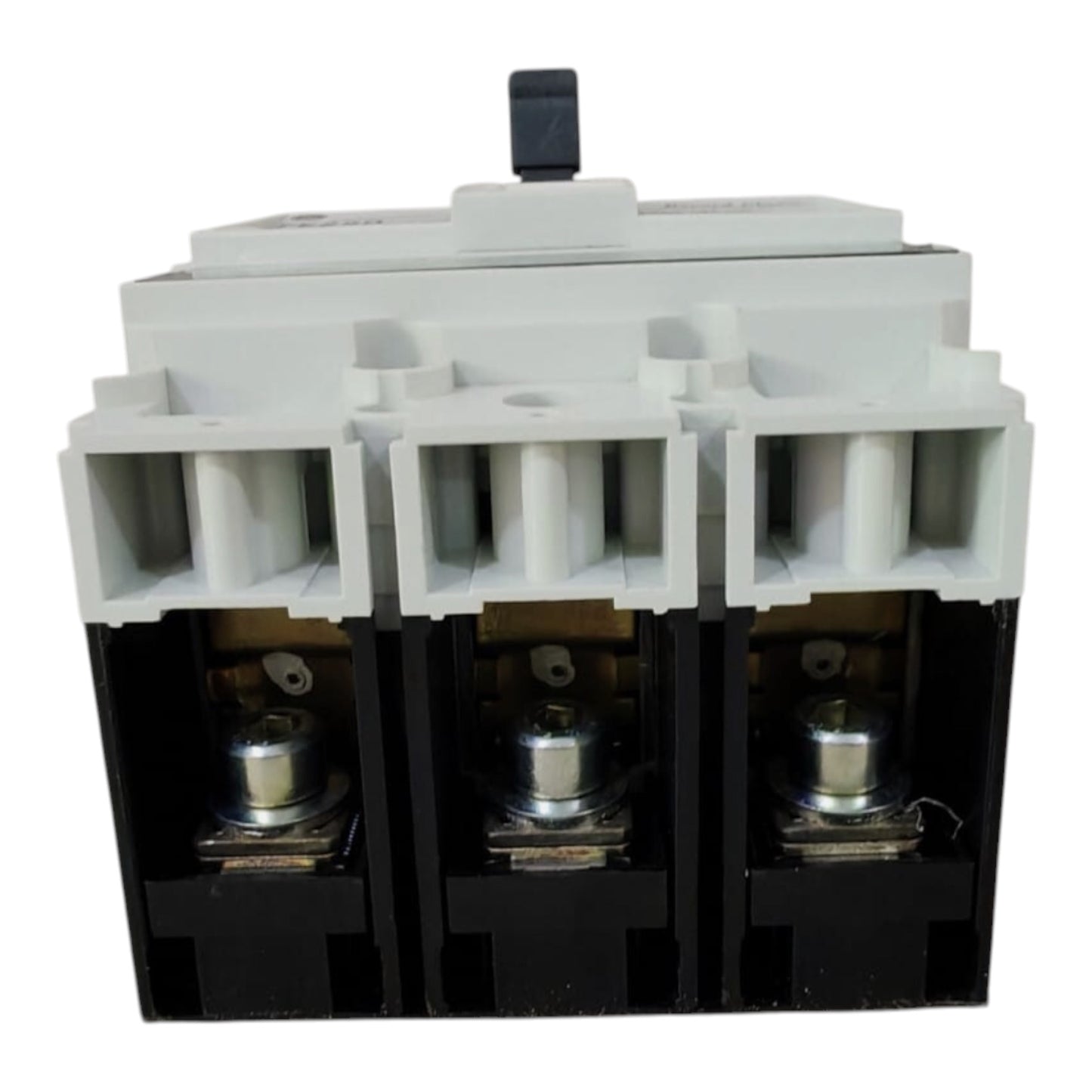 A three-pole electrical contactor with a white plastic top casing and a black base, showing the internal metal contacts.