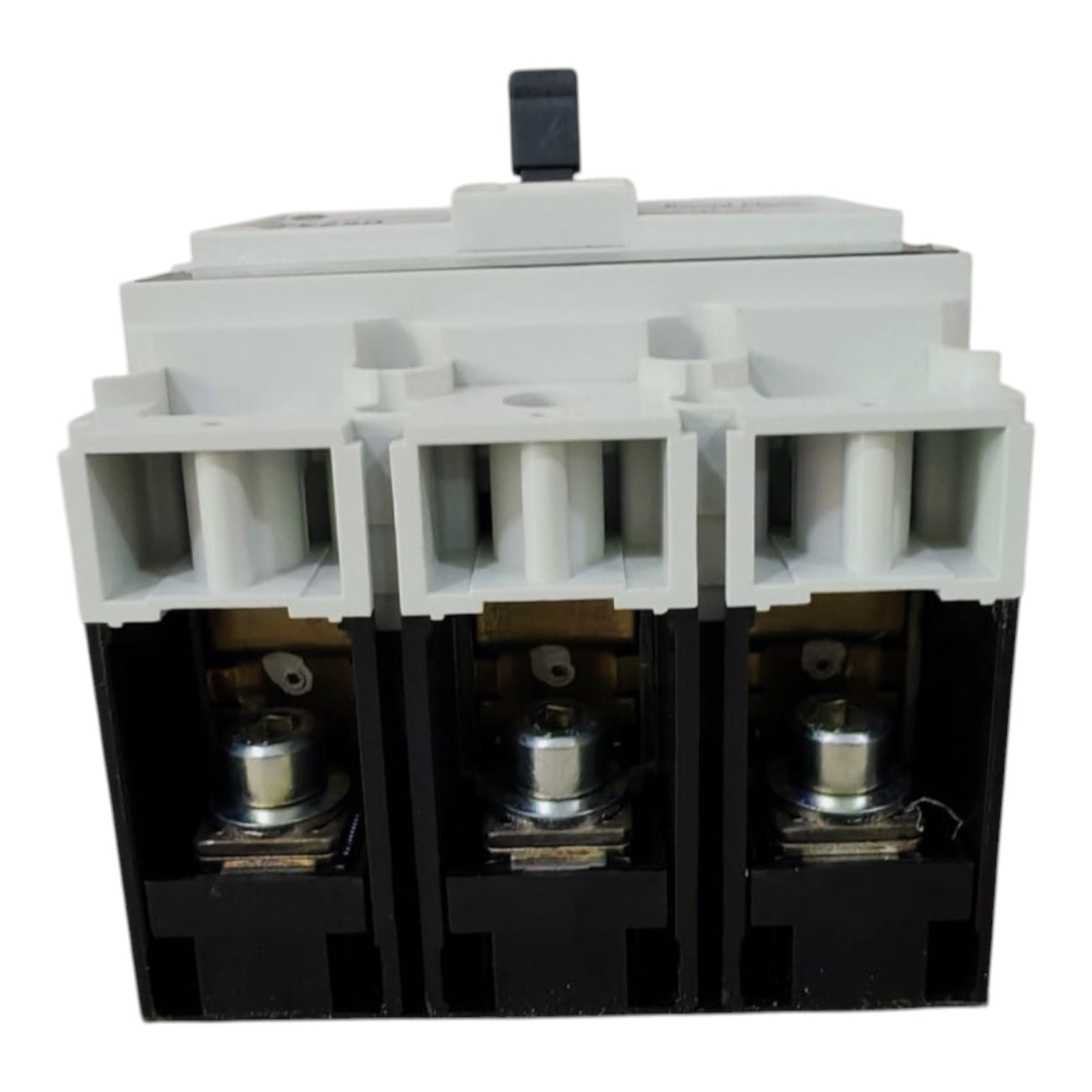 A three-pole electrical contactor with a white plastic top casing and a black base, showing the internal metal contacts.