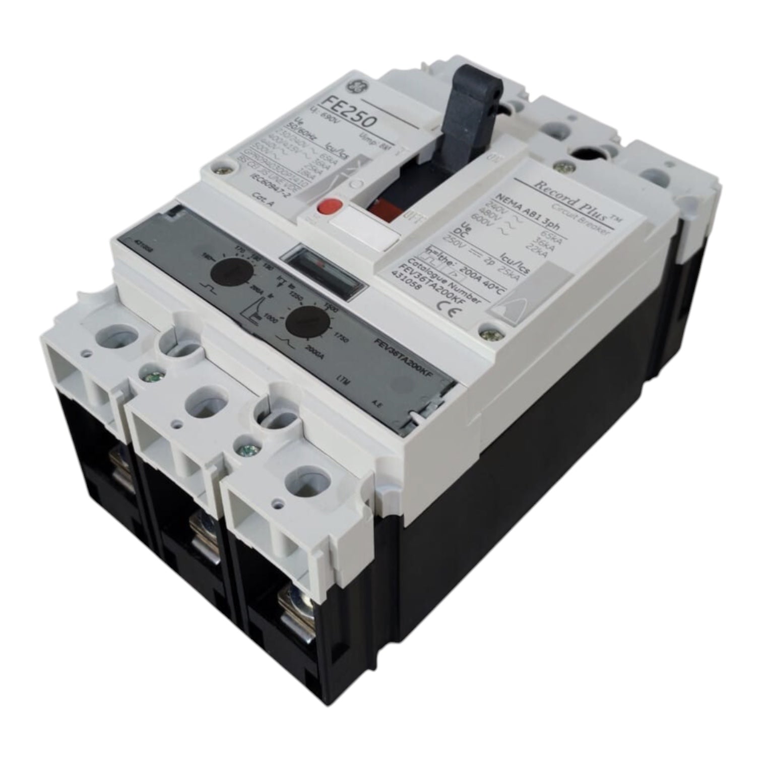 A Moldex FE250 electrical circuit breaker with a white and black plastic housing, featuring terminal blocks, a black handle, and printed technical labels on top.