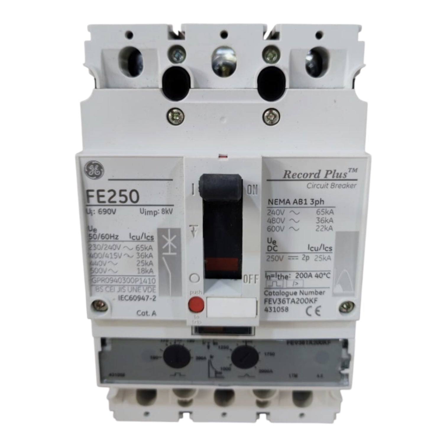 A GE Record Plus FE250 circuit breaker, model IEC60947-2, shown against a plain white background. The breaker is white with black text and a black switch handle, featuring a red 'OFF' button.