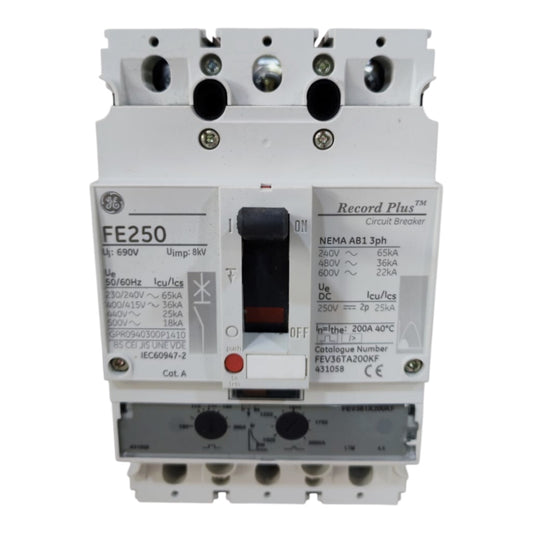 A GE Record Plus FE250 circuit breaker, model IEC60947-2, shown against a plain white background. The breaker is white with black text and a black switch handle, featuring a red 'OFF' button.