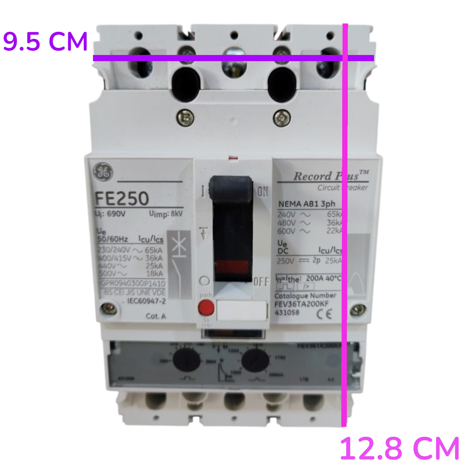 A GE electrical circuit breaker labeled FE250 with overlaid purple measurement lines and text showing 9.5 cm width and 12.
