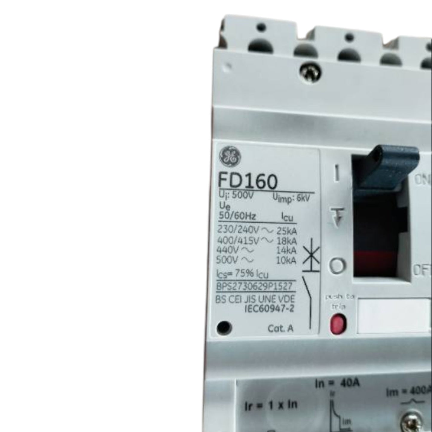 GE electrical breaker with label on a white background GE 40A 3Pole 25KAIC 220V MCCB Industrial Circuit Breaker FD160 Electx Electrical Supply