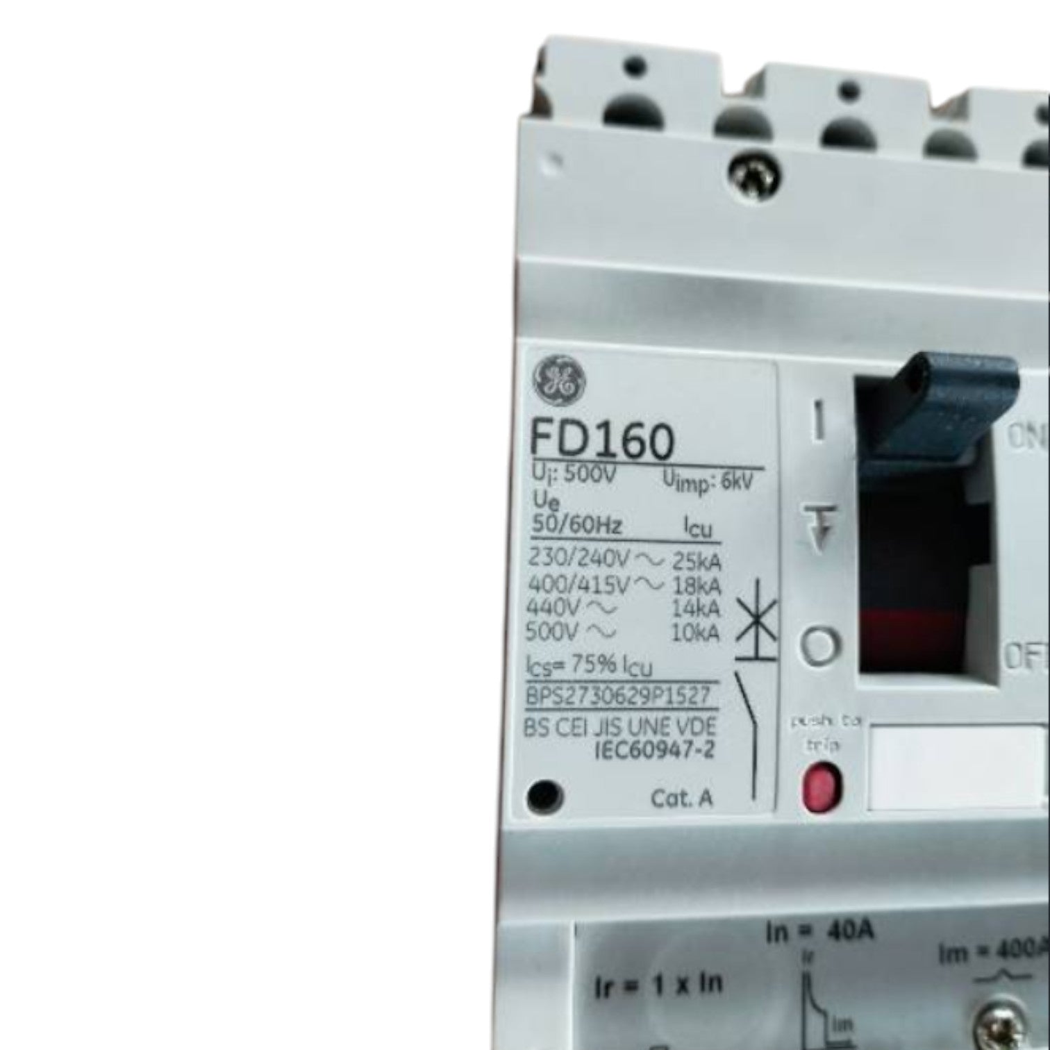GE electrical breaker with label on a white background GE 40A 3Pole 25KAIC 220V MCCB Industrial Circuit Breaker FD160 Electx Electrical Supply