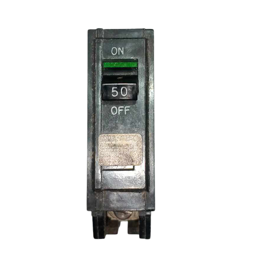 GE 50 amp 1 pole circuit breaker with on off switch for electrical circuitry and parts