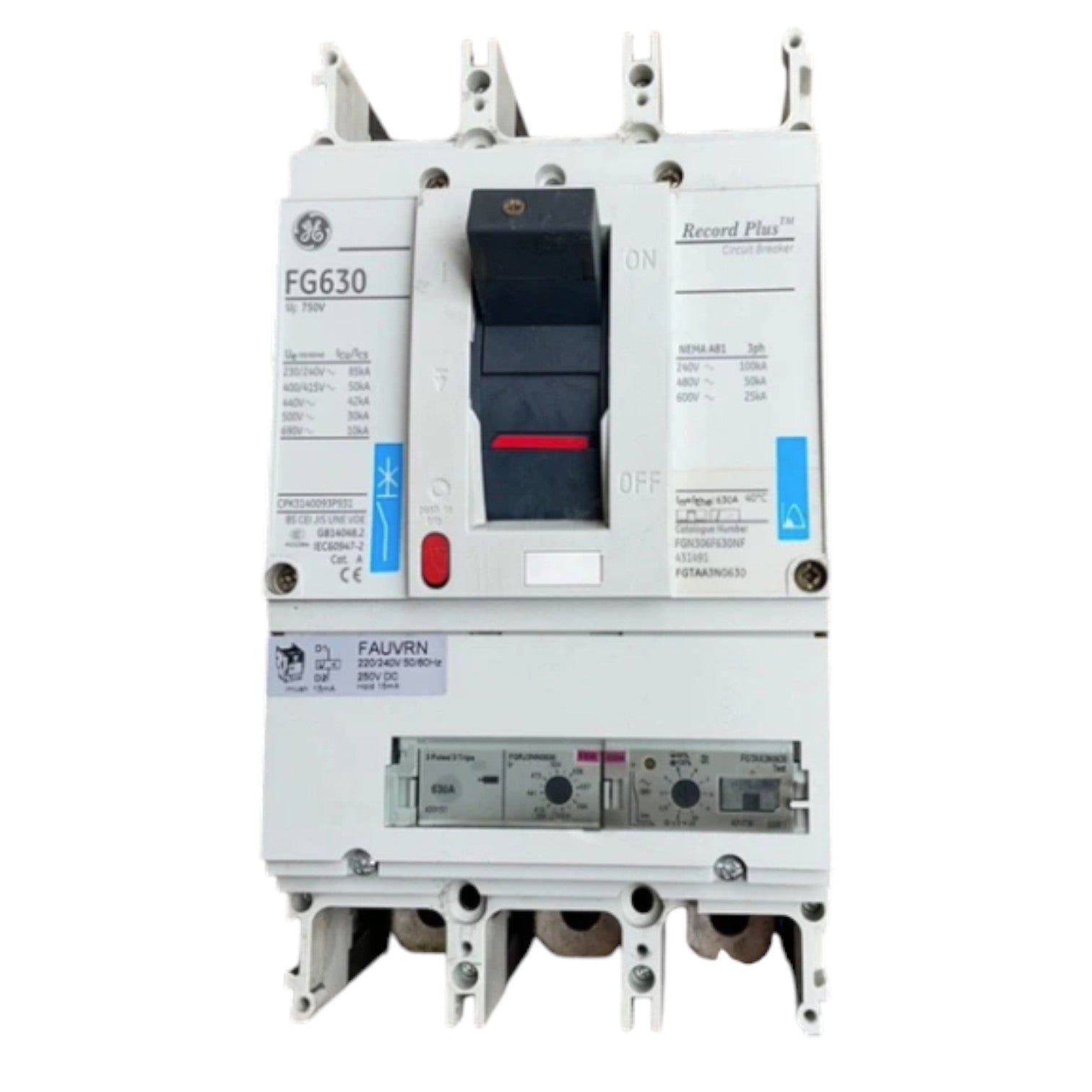 Electrical circuit breaker with GE branding on a white background GE 630A 3Pole 85KAIC 220V MCCB Industrial Circuit Breaker FG630 Record Plus FGNDA3630NF Electx Electrical SUpply