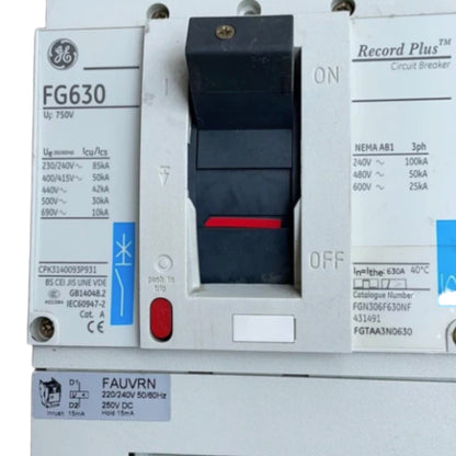 Electrical circuit breaker with GE branding and model number FG630. GE 630A 3Pole 85KAIC 220V MCCB Industrial Circuit Breaker FG630 Record Plus FGNDA3630NF Electx Electrical SUpply