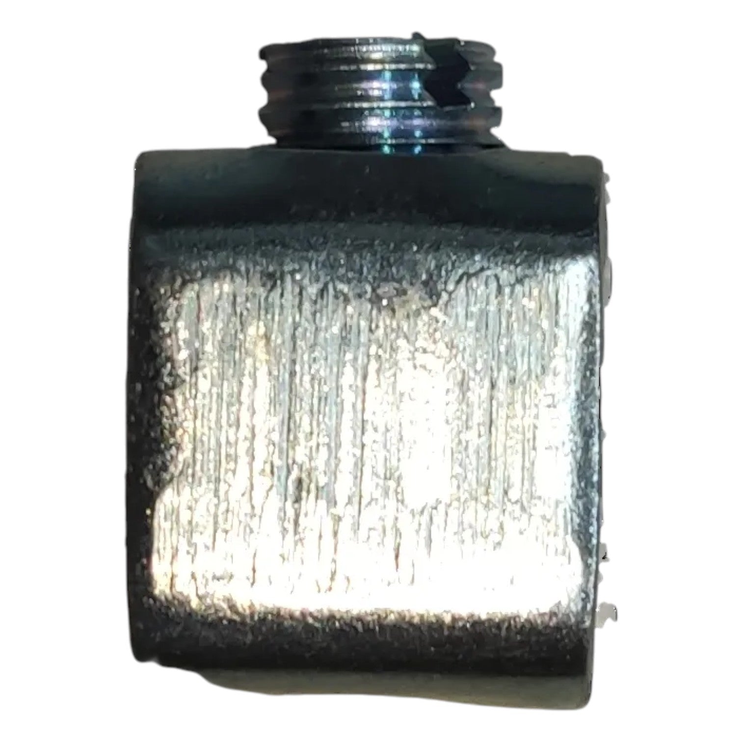 Metallic square component with threaded top on a white background
