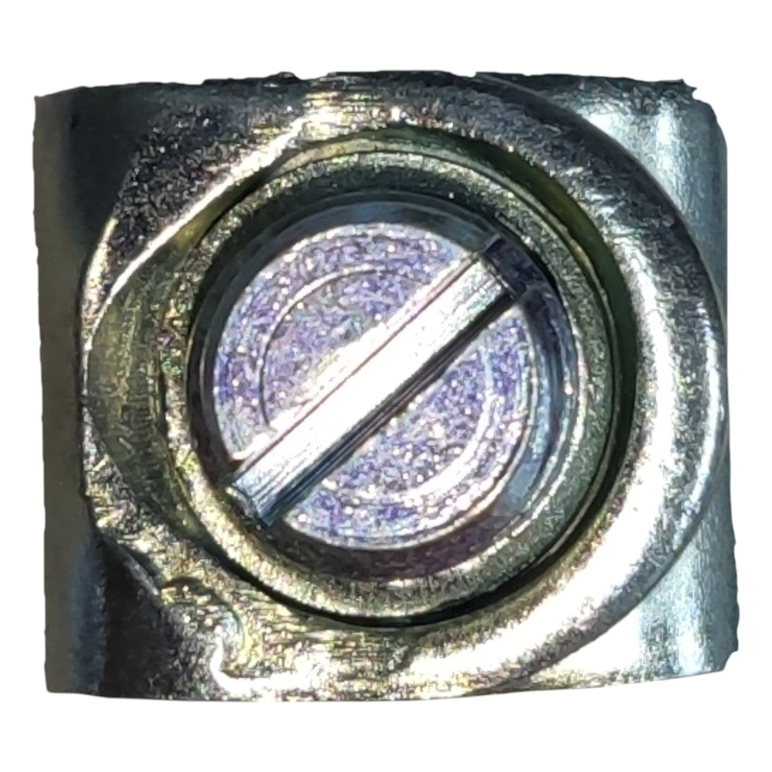Metal washer with a central hole on a white background