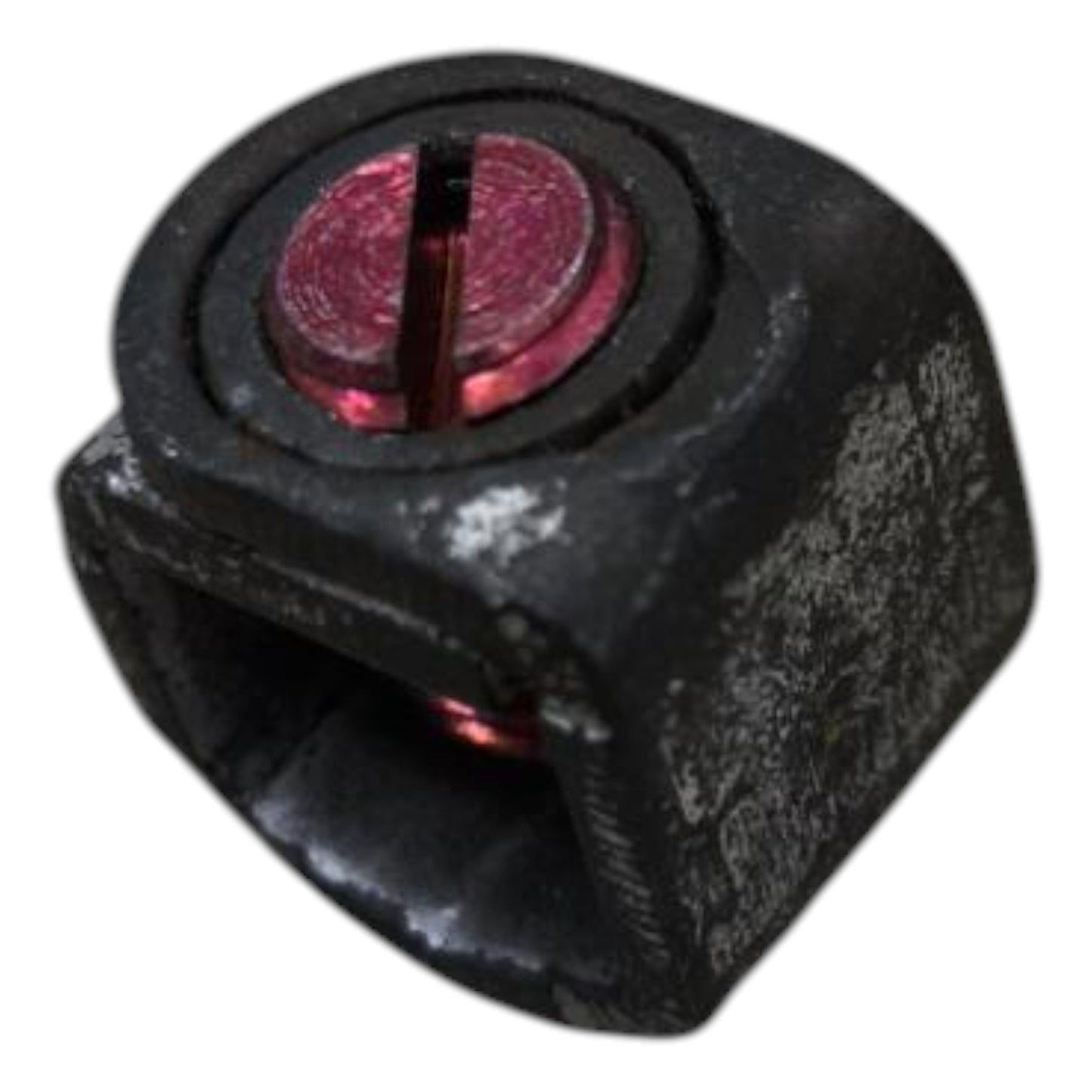 Black textured object with a red central component on a white background